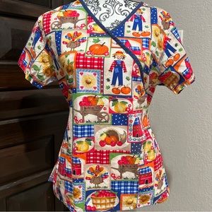 Life Scrubs Thanksgiving Turkey Fall Scarecrow Pumpkins Scrub Top Medium